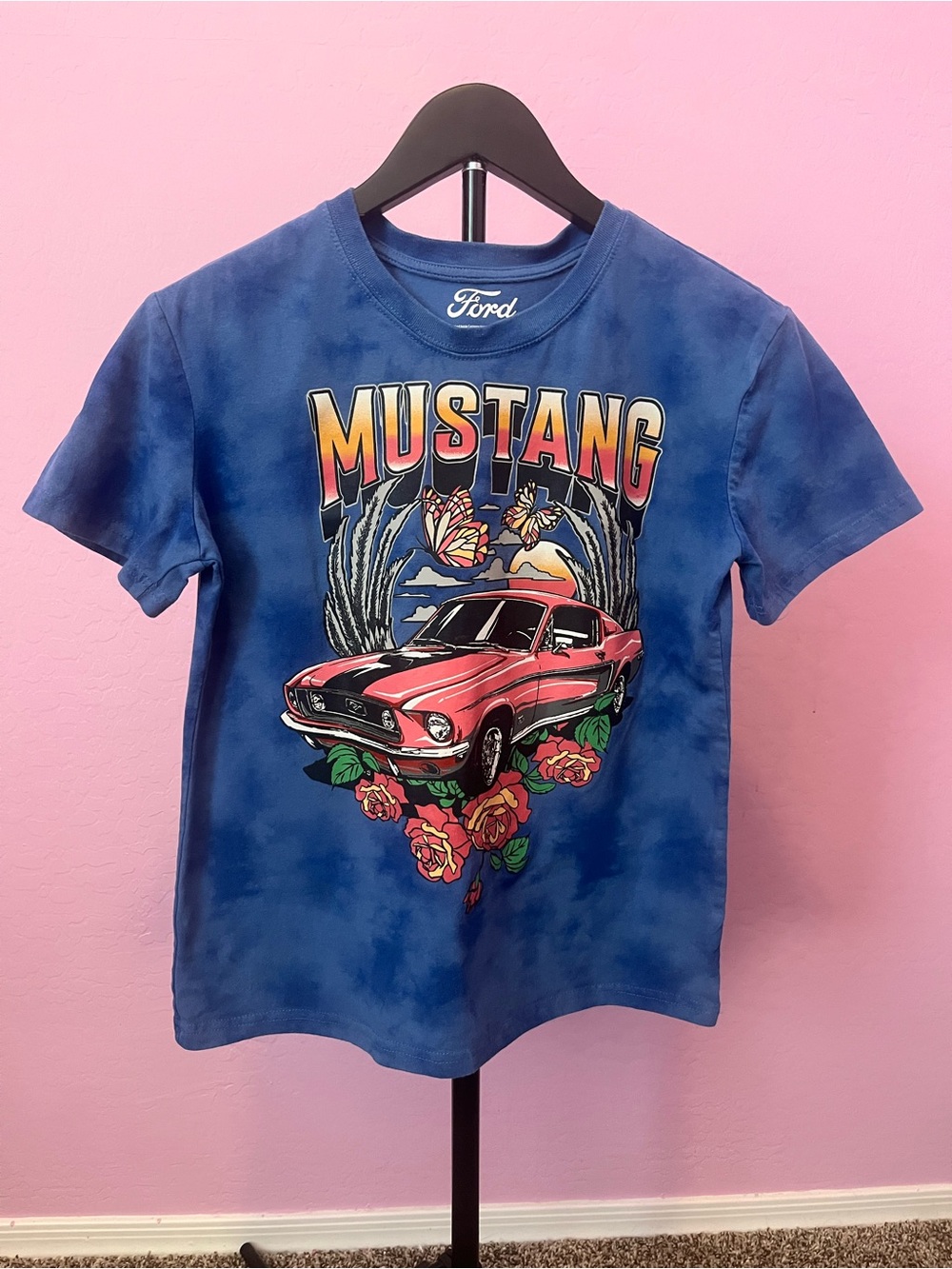Ford Women Blue Tie-Dye Tee with Red Mustang Graphic